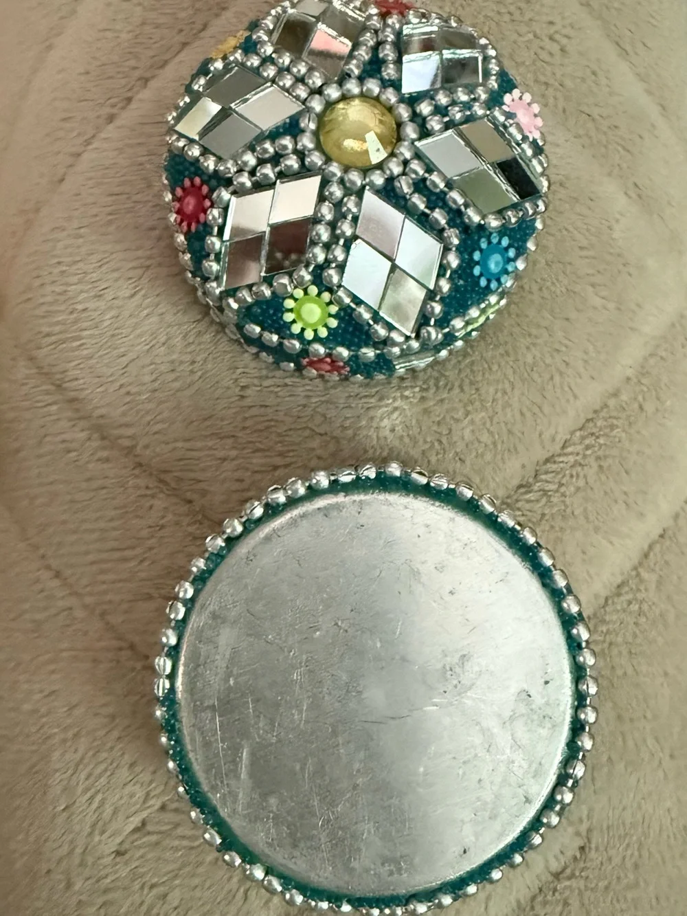 Trinket Kumkum decorated beaded Box mirrored glass Teal and Silver #20